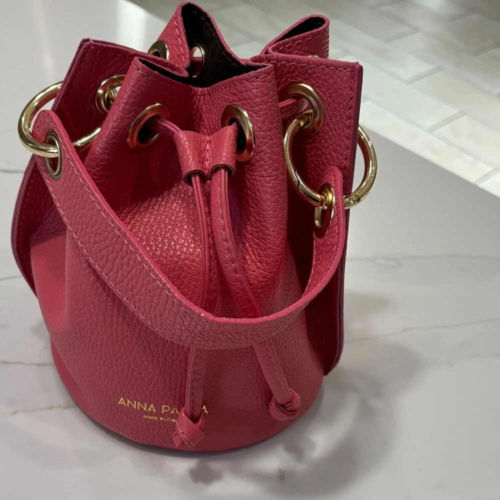 Pink Leather Drawstring Hobo Bag Made in ITALY.